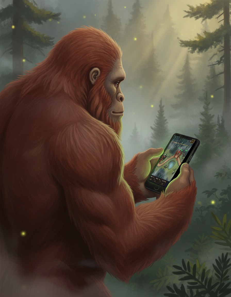 Bigfoot standing in a misty firefly-lit forest, playing Cryptid Defense on a phone.
